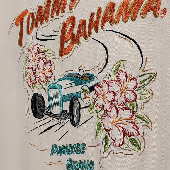 Vintage 90’s Tommy Bahama Cream 100% Silk S/S Camp Shirt w/Paradise Grand Prix - Picture 4 of 8